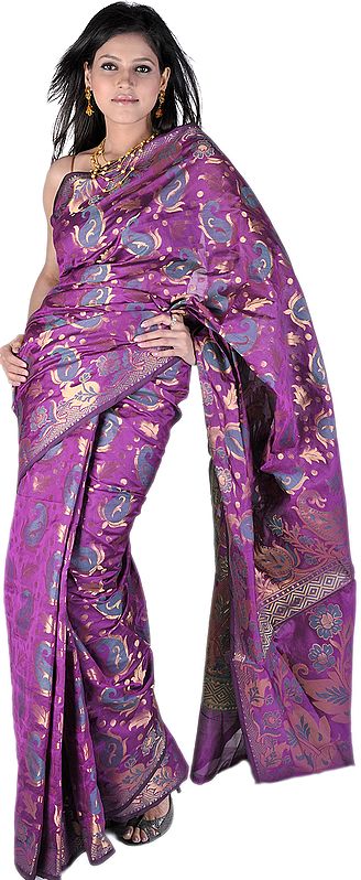 Purple Passion Brocaded Sari with Woven Paisleys in Golden Thread