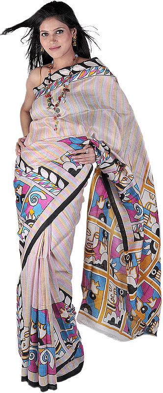 Tri-Color Sari from Kolkata with Auspicious Print