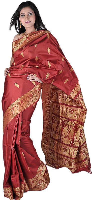 Rosewood-Red Baluchari Sari from Bengal with Mythological Episodes Woven by Hand