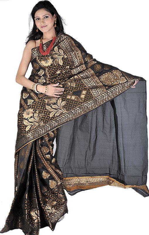 Black Banarasi Sari with Metallic Thread Embroidered Flowers and Leaves All-Over