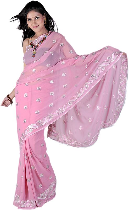 Sea-Pink Designer Sari with Metallic Thread Embroidered Flowers and Sequins