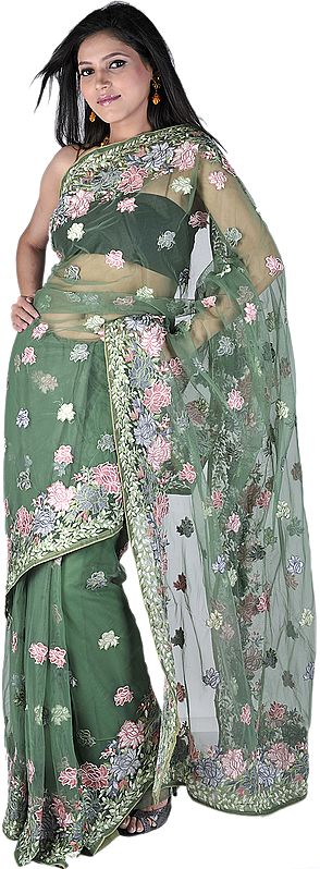 Fairway-Green Designer Sari with All-Over Parsi Embroidered Roses