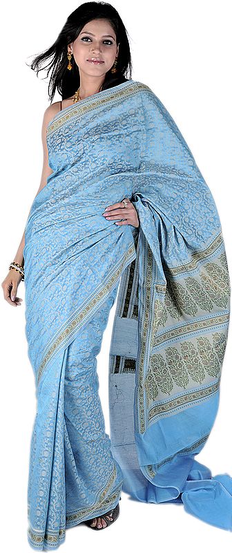 Aquarius-Blue Kora Cotton Sari from Banaras with All-Over Floral Weave by Hand