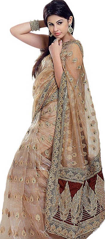 Beige Designer Sari with All-Over Metallic Thread Embroidered Leaves and Sequins