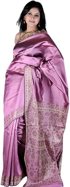Mulberry-Pink Plain Banarasi Sari with Floral Weave on Border and Aanchal