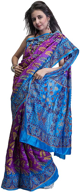 Cendre-Blue and Purple Bengal Sari with Metallic Thread Embroidery and Sequins
