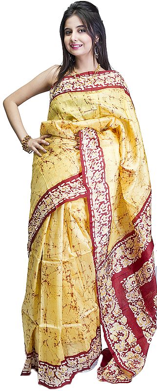 Amber-Yellow and Brown Batik Sari from Kolkata