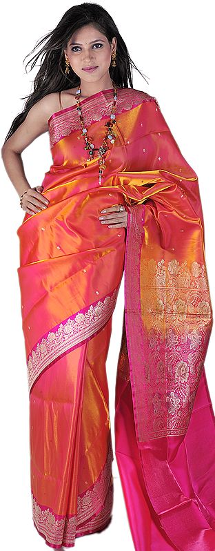 Pink and Golden Valkalam Sari from Banaras with Woven Bootis and Brocaded Aanchal