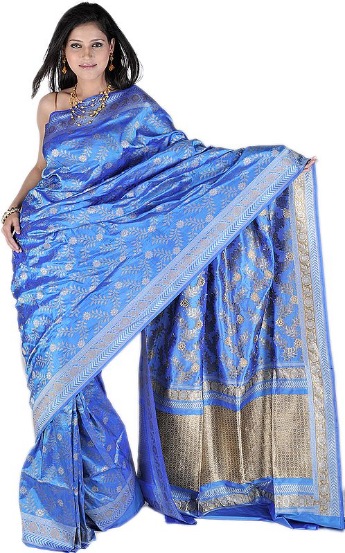 Swedish-Blue Jamdani Sari from Banaras with with All-Over Woven Flowers in Silver and Golden Thread
