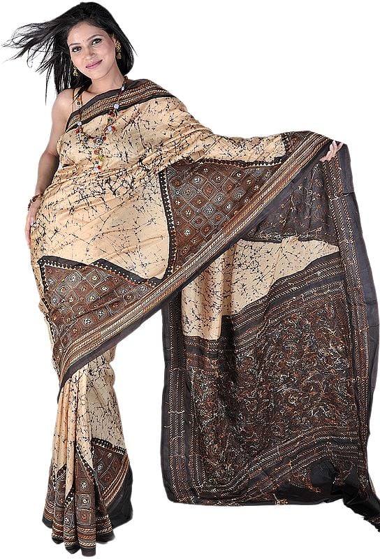 Beige and Brown Batik Sari from Kolkata with Dense Kantha Stiched Embroidery on Aanchal