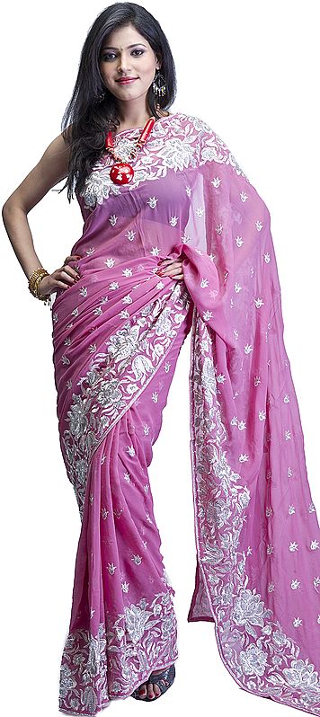 Lilac-Pink Designer Sari with Metallic Thread Embroidered Flowers and Sequins