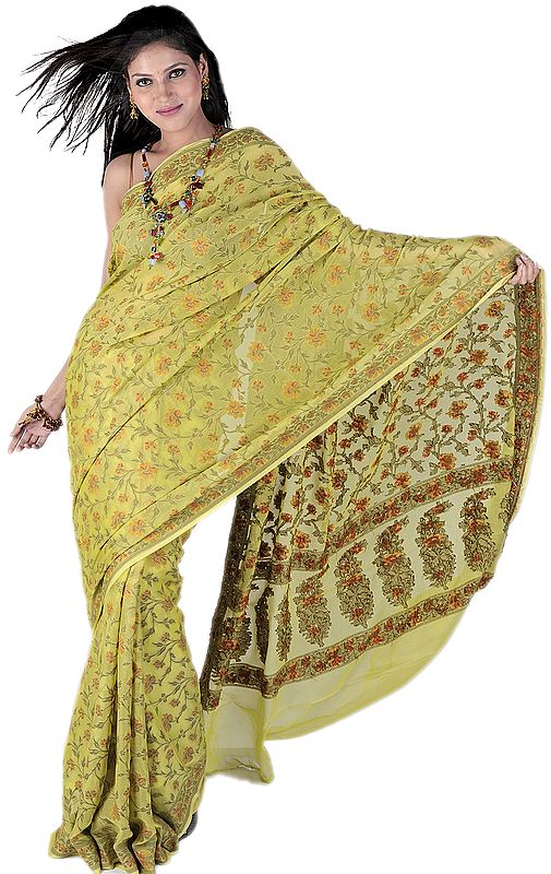 Limeade-Green Banarasi Sari with Hand Woven Flowers All-Over