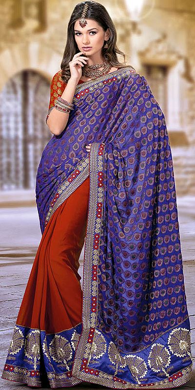Deep-Blue and Rust Patli Sari with Woven Bootis and Metallic Thread Embroidered Patch Border