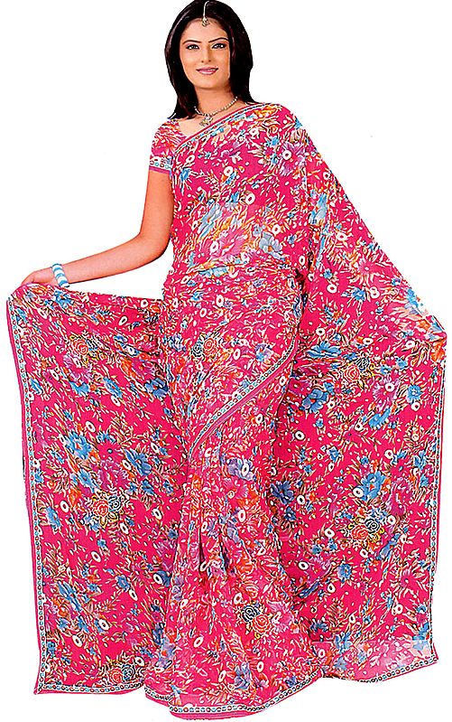 Carmine-Pink Printed Sari with Metallic Thread Embroidered Flowers and Sequins