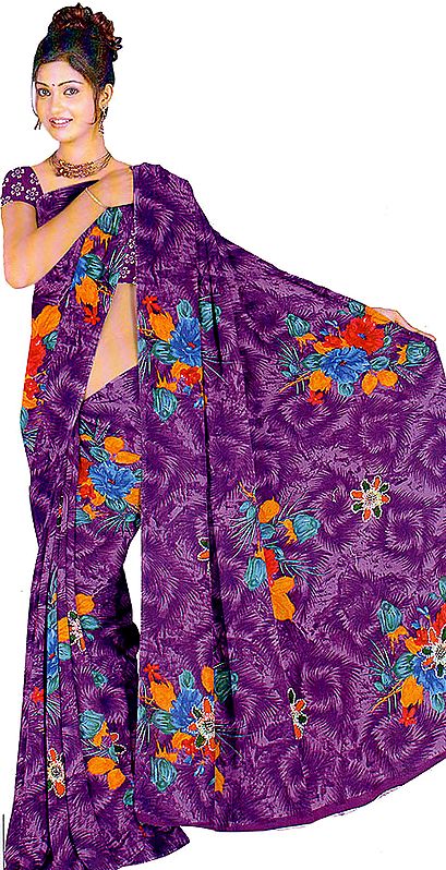 Purple Printed Sari from Surat with Embroidered Flowers