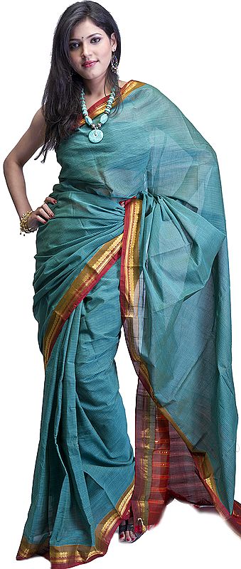 Ivy-Green Handwoven Gadwal Sari with Zari Border and Striped Aanchal