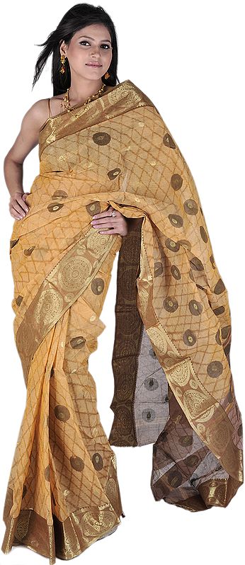 Light-Brown Dhakai Sari from Kolkata with Golden Thread Weave
