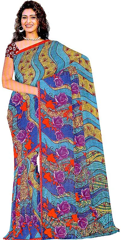 Multi-Color Sari with Large Printed Roses