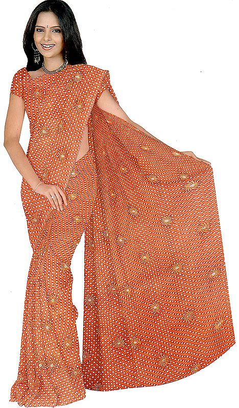 Coral Sari with Printed Polka Dot's and Embroidered Spirals