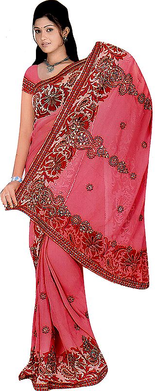 Rose-Pink Printed Sari with Embroidered Flowers and Sequins