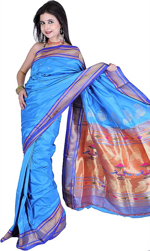 Swedish-Blue Paithani Sari with Hand-woven Peacocks on Anchal in Zari Thread