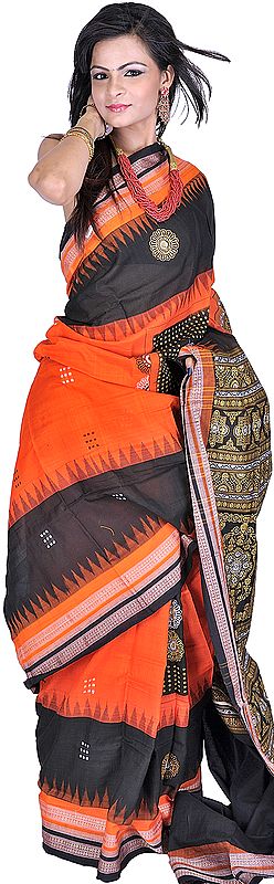 Vermillion-Orange Bomkai Sari from Orissa with Hand-woven Boootis and Rudrakhsha Border