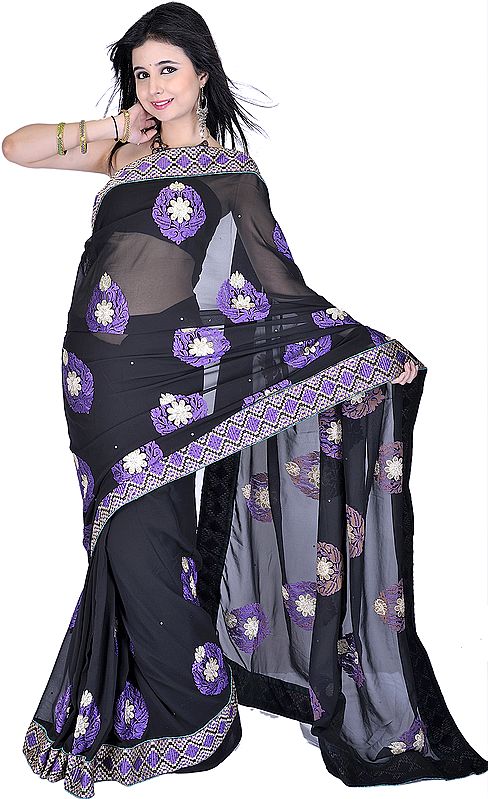 Black Designer Sari with Metallic Thread Embroidered Flowers and Patch Border
