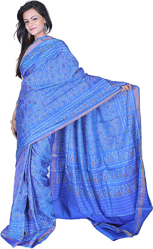 Campanula-Blue Gujarati Patan Patola Sari with Ikat Weave