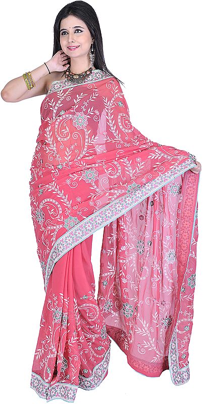 Baroque-Rose Designer Sari with Aari Embroidered Flowers All-Over