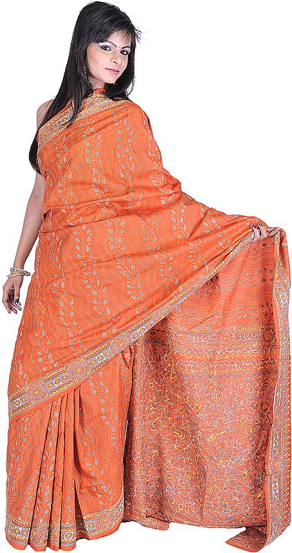 Jaffa-Orange Sari from Bengal with Kantha Stitched Embroidered Flowers All-Over