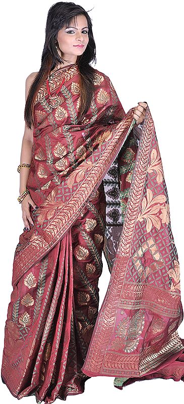 Garnet-Red Banarasi Sari with All-Over Woven Flowers and Brocaded Aanchal