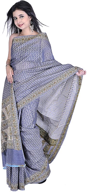 Flint Stone-Blue Kora Cotton Sari from Banaras with All-Over Floral Weave by Hand