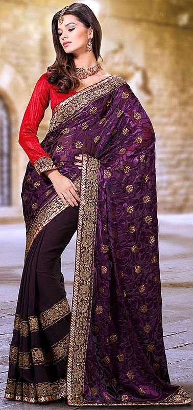Italian Plum-Purple Designer Sari with Floral Bootis and Metallic Thread Embroidered Patch Border