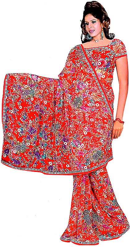 Ribbon-Red Sari with Printed Flowers All-Over