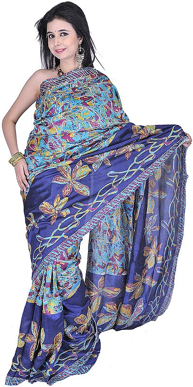 Blue Atoll Printed Sari from Kolkata with Metallic Thread Embroidered Flowers