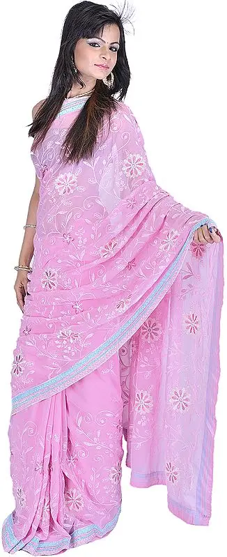 Powder-Pink Sari with Self-Colored Embroidery and Patch Border