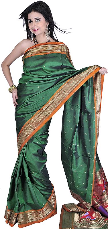 Islamic-Green Authentic Paithani Sari with Birds in Flight Hand-woven on Anchal