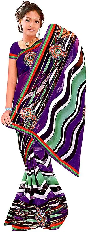 Multi-Color Printed Leheria Sari with Embroidered Bootis