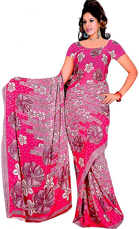 Phlox-Pink Sari with Printed Flowers and Embroidered Sequins