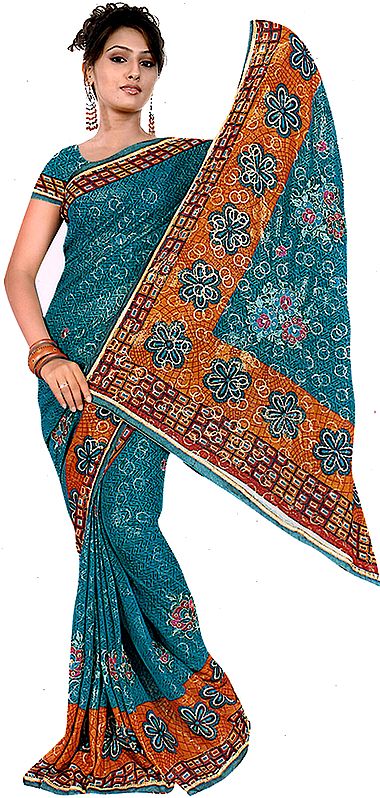 Viridian-Green Printed Shimmering Sari from Surat with Embroidered Flowers