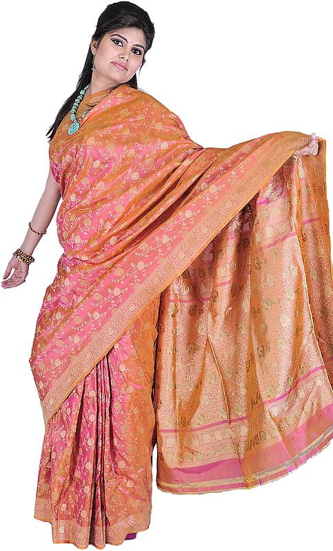 Desert-Rose Banarasi Sari with with All-Over Hand-woven Flowers and Brocaded Aanchal