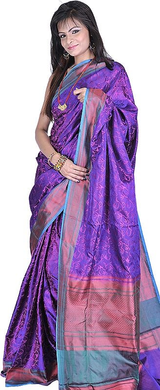 Royale-Purple Banarasi Jamdani Sari with All-Over Thread Weave in Self