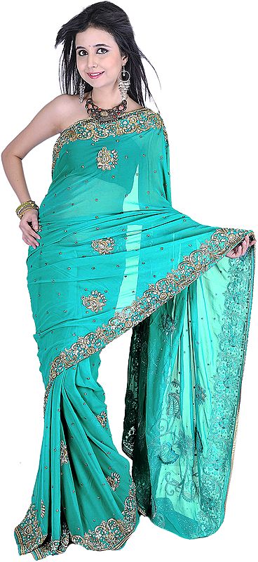 Sea-Green Bridal Sari with All-Over Zardozi Embroidery