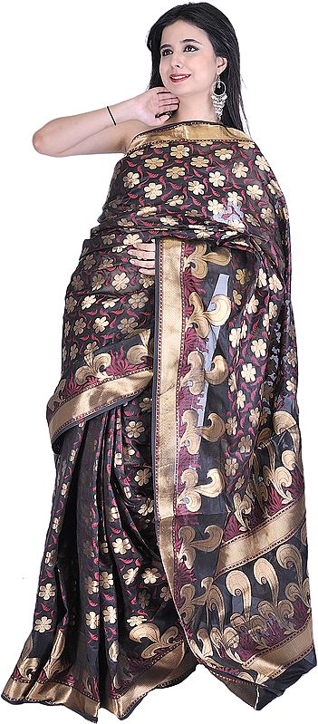 Black Banarasi Sari with All-Over Woven Flowers in Golden Thread