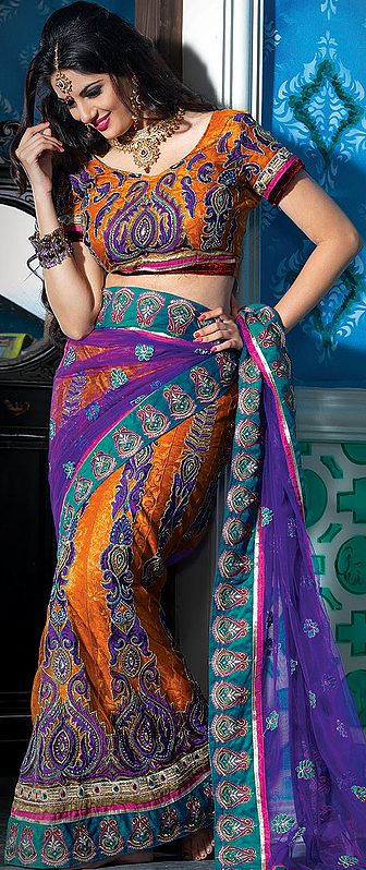 Copper-Coin and Purple Wedding Lehenga-Sari with Aari Embroidered Flowers and Sequins