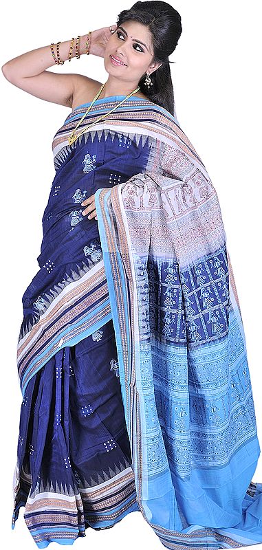 Blueprint Bomkai Sari from Orissa with Hand-woven Folk Motifs and Rudrakhsha Border