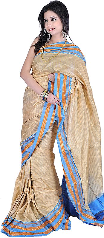 Beige and Blue Handwoven Narayanpet Sari from Hyderabad with Fine Checks and Temple Border