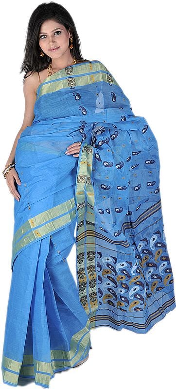 Cendre-Blue Dhakai Sari from Kolkata with Hand-woven Paisleys and Flowers