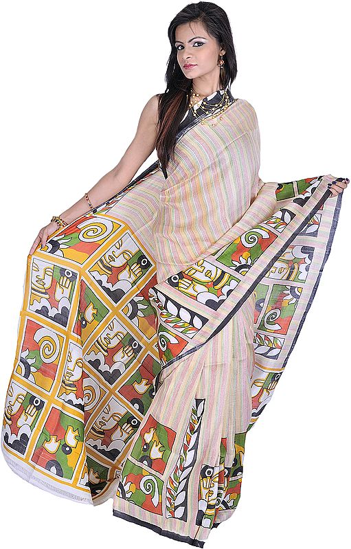 Tri-Color Sari from Kolkata with Auspicious Print