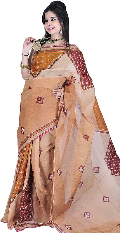 Beige and Mustard Sari with Printed Bootis and Temple Border